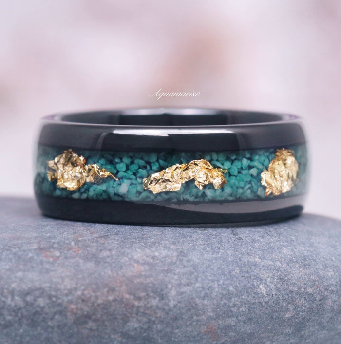 Moss Agate & Gold Leaf Wedding Band- 8MM Black Tungsten featuring a durable black tungsten band with a vibrant moss agate inlay accented by textured gold leaf details, from Aquamarise’s nature-inspired men's wedding band collection.