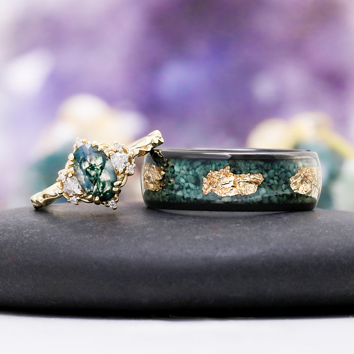 Esme Green Moss Agate & Gold Leaf Couple Ring Set by Aquamarise, showing the oval moss agate ring and gold leaf men's band