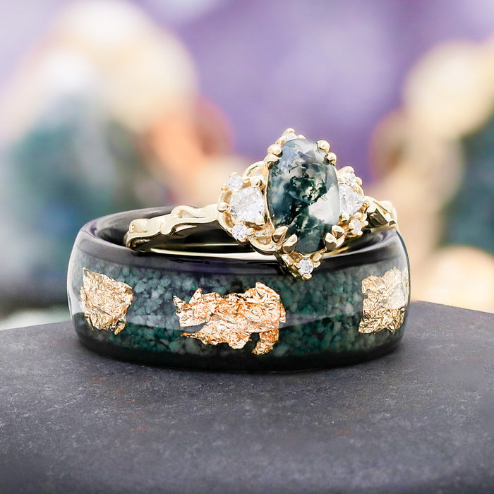 Esme Green Moss Agate & Gold Leaf Couples Ring Set by Aquamarise, a matching nature-inspired pair