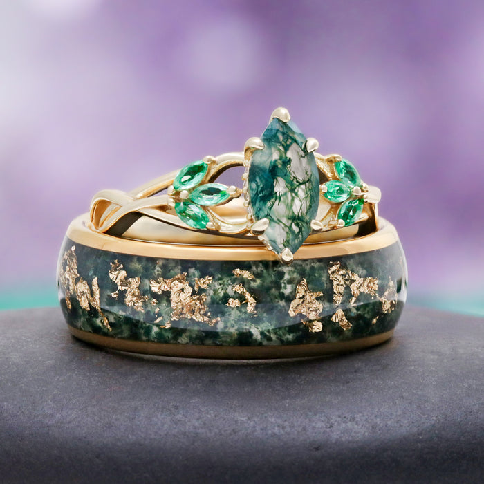 Celtic Knot Moss Agate & Gold Leaf Couples Ring Set by Aquamarise