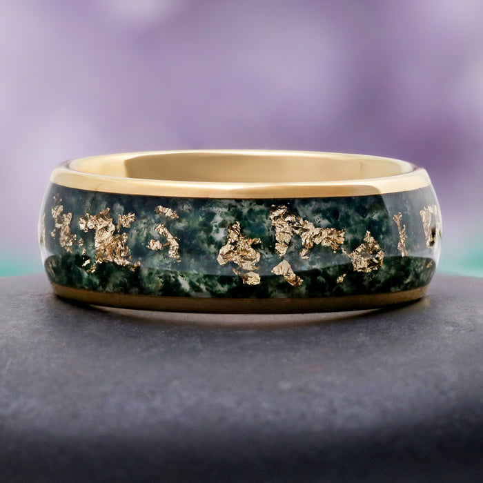 Moss Agate & Gold Leaf Men's Wedding Band in Yellow Gold Tungsten by Aquamarise