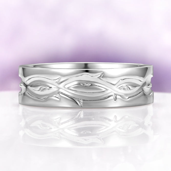 Moss Agate Leaf Couples Ring Set in sterling silver by Aquamarise, featuring an intricate leaf-inspired pattern on a polished band, part of Matching Couples' Rings and Nature-Inspired Jewelry collections.