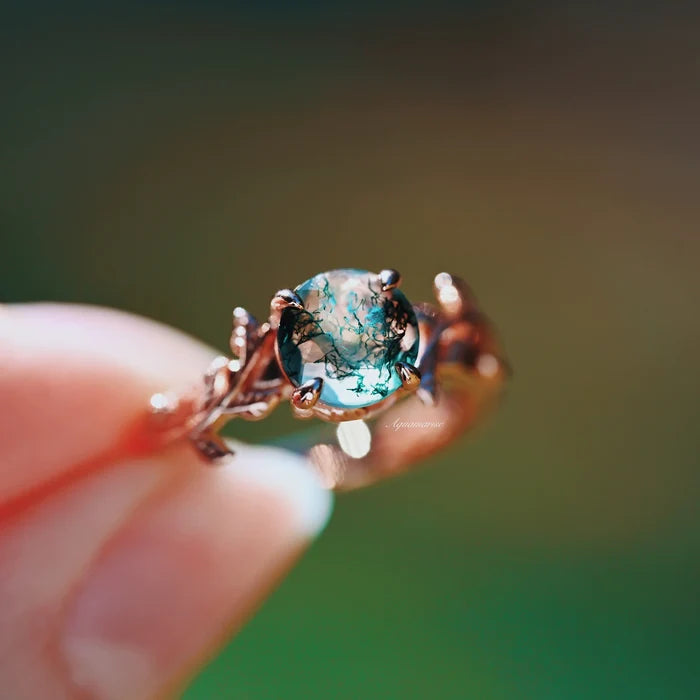 Moss Agate Leaf Ring in 14K Rose Gold Vermeil by Aquamarise, featuring a natural green moss agate stone in a delicate leaf-inspired rose gold vermeil setting.