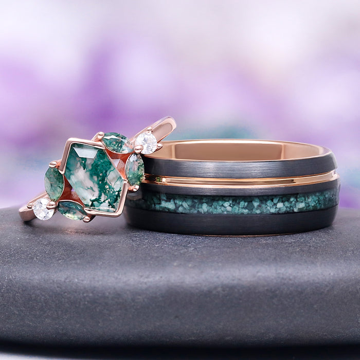 Hexagon Green Moss Agate Couples Ring Set by Aquamarise featuring a hexagon-cut green moss agate center stone with diamond accents in rose gold and a complementary band with green moss agate inlay and matte black finish, part of Matching Couples' Rings and Moss Agate Jewelry collections.