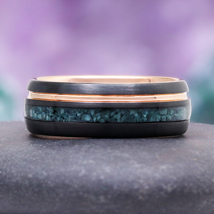 Moss Agate Two Tone Black Rose Gold Tungsten Couples Ring Set featuring a dark tungsten band with green moss agate inlay and polished rose gold edges by Aquamarise.
