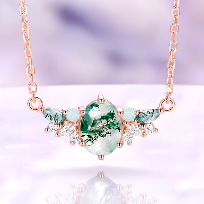Moss agate and opal cluster necklace in 14K rose gold vermeil with an oval green moss agate center