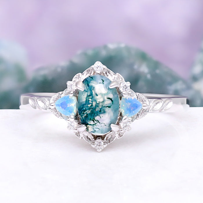 Moss Agate & Opalescent Sapphire Leaf Ring by Aquamarise