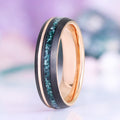 Moss Agate Two Tone Black Rose Gold Tungsten Couples Ring Set by Aquamarise, featuring a moss agate inlay, black tungsten exterior, and polished rose gold inner band, ideal for matching couples rings.