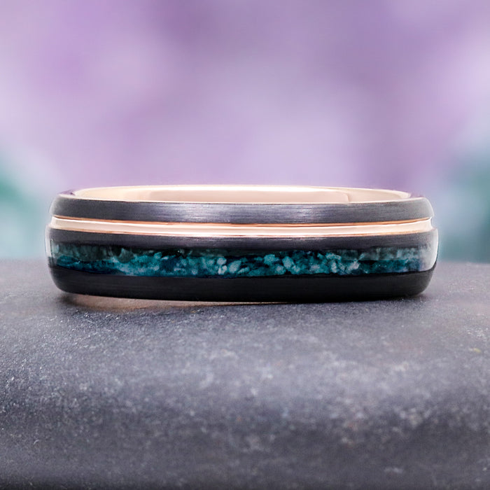 Moss Agate Two Tone Black Rose Gold Tungsten Couples Ring Set by Aquamarise, featuring a black tungsten band with moss agate inlay and polished rose gold accent for matching couples rings.