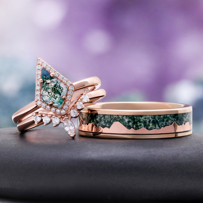 Mountain Range Green Moss Agate Couples Ring Set by Aquamarise, matching women's and men's bands