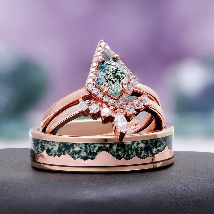 Mountain Range Green Moss Agate Couples Ring Set by Aquamarise, both rings shown together