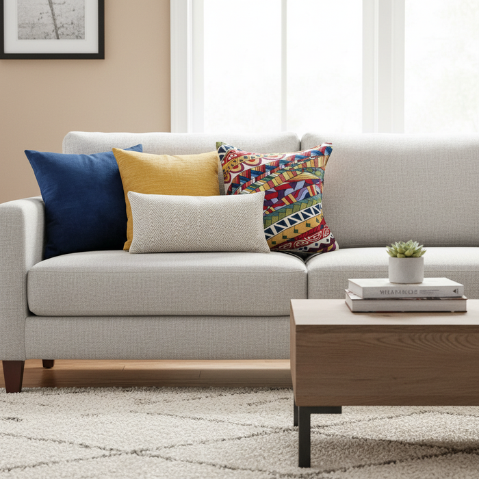 AI-generated Multicolor Geometric Turkish Pillow Cover living-room scene based on the real product image