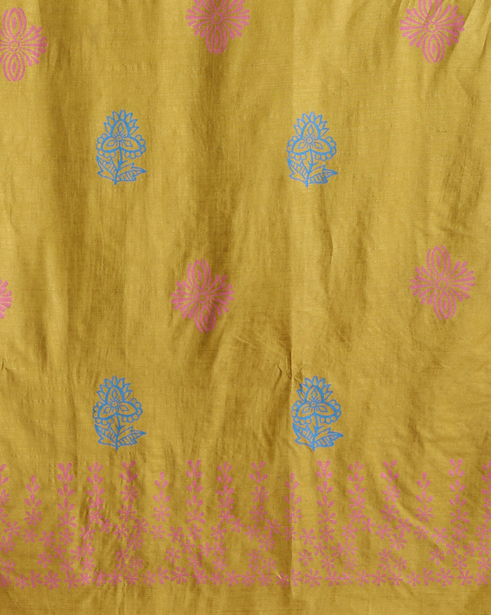 Mustard yellow katan silk unstitched suit set with sparse pink and blue floral hand block print and a raw fringed dupatta edge