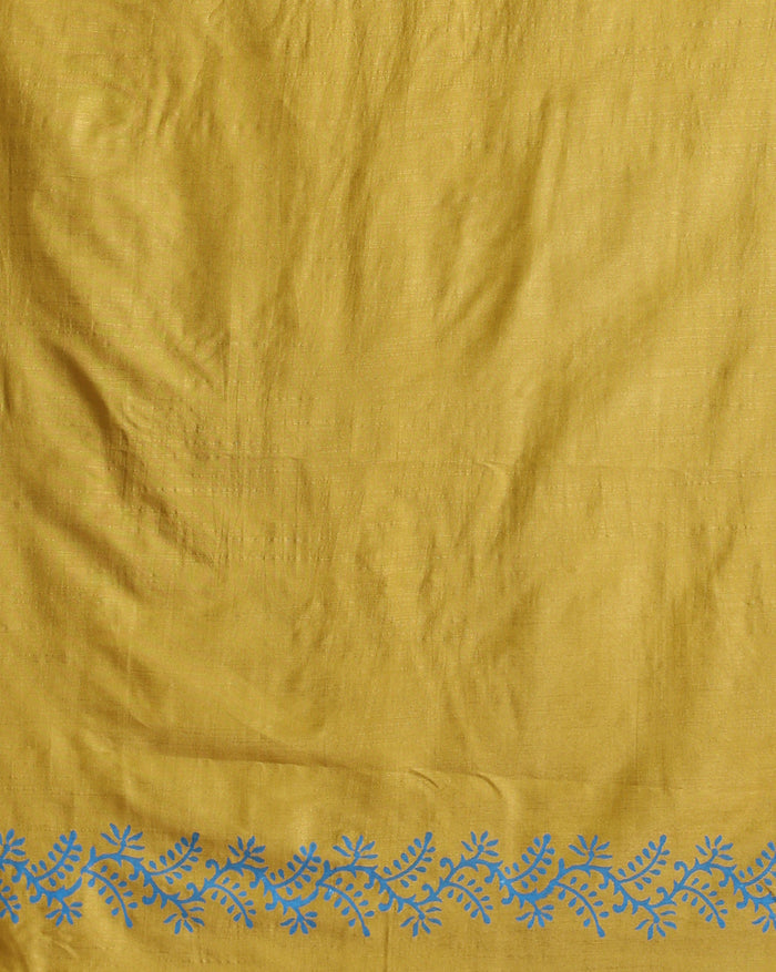 Mustard yellow katan silk unstitched suit set with sparse pink and blue floral hand block print and a raw fringed dupatta edge