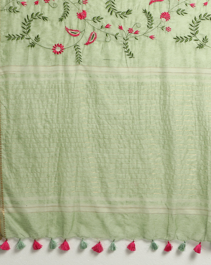 Mysterious Silk Linen Embroidered Green Saree