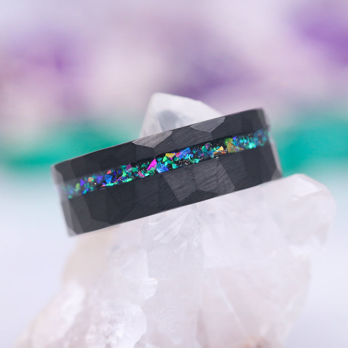 Mystic Opal Wedding Band- 8MM Black Tungsten by Aquamarise featuring a faceted black tungsten band with a vibrant multicolor opal inlay, part of Men’s Wedding Bands, October Birthstone, and Inlay Wedding Bands collections.