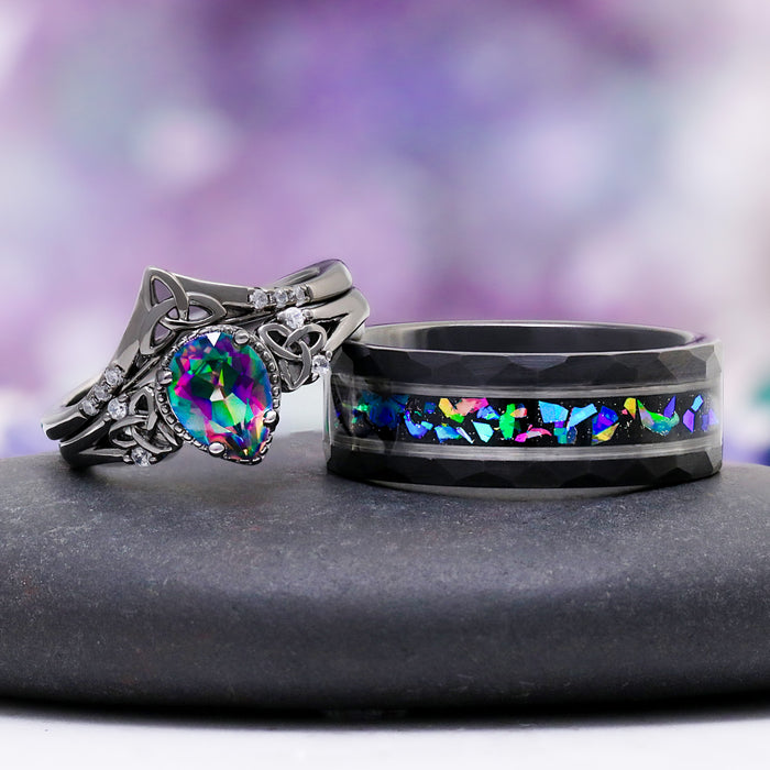 Mystic Topaz & Galaxy Opal Wedding Band in Tungsten Carbide (8mm) by Aquamarise, featuring a colorful mystic topaz and vibrant galaxy opal inlay on a black faceted band.