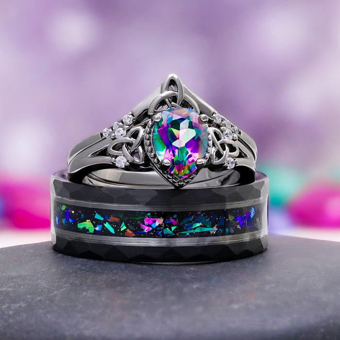 Mystic Topaz & Galaxy Opal Wedding Band in Tungsten Carbide (8mm) by Aquamarise, featuring a vibrant mystic topaz with intricate silver detailing and an opal inlay on a black tungsten band.