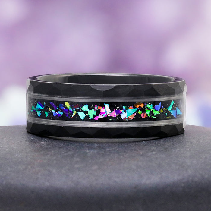Mystic Topaz & Galaxy Opal Wedding Band in Tungsten Carbide (8mm), featuring a faceted black band with vibrant multicolor opal inlay by Aquamarise.