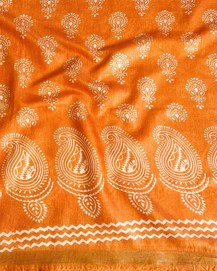 Indiehaat | Katan Silk Block Print Orange Saree