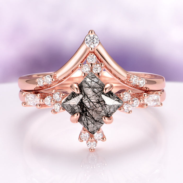 Princess Cut Rutilated Quartz Engagement Ring Set in 14K Solid Rose Gold by Aquamarise Gold, featuring a unique rutilated quartz center with sparkling diamond accents in a modern rose gold setting.