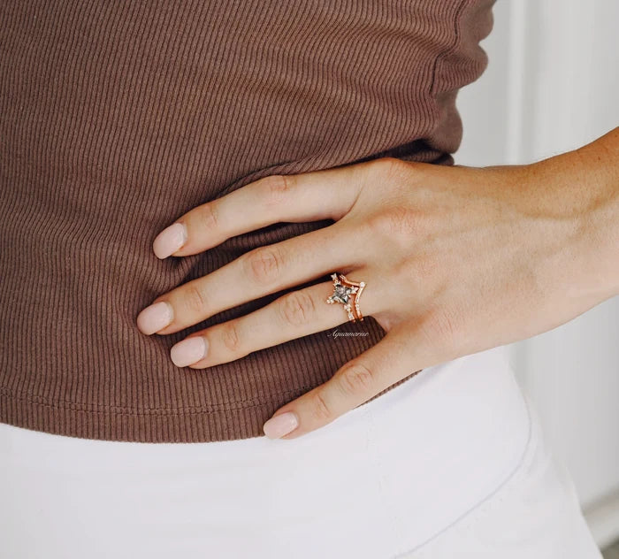 Princess Cut Rutilated Quartz Engagement Ring Set in 14K Solid Rose Gold by Aquamarise Gold, showcasing a unique modern design on a hand with neutral polished nails.