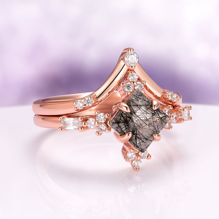 Princess Cut Rutilated Quartz Engagement Ring Set in 14K Solid Rose Gold by Aquamarise Gold, featuring a unique rutilated quartz center with sparkling diamond accents in a modern rose gold setting.