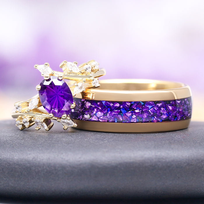 Amethyst and Galaxy Fire Opal Leaf Couples Ring Set by Aquamarise featuring a radiant purple amethyst center surrounded by sparkling white stones on polished gold with a matching ring inlaid with crushed galaxy fire opal, ideal for Matching Couples' Rings and February and October Birthstone collections.