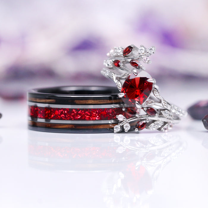 Fireworks Cut Natural Red Garnet Leaf Engagement Ring in 14K White Gold by Aquamarise Gold, featuring a vibrant red garnet set in an intricate leaf-inspired band, part of Solid Gold Engagement Rings, January Birthstone Jewelry, and Nature-Inspired collections.