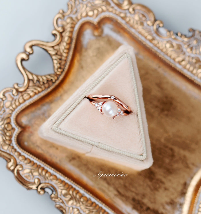 Natural Freshwater Pearl Ring Set in 14K Rose Gold Vermeil by Aquamarise, featuring a vintage-inspired design with a luminous pearl and sparkling accents on a delicate rose gold vermeil band.