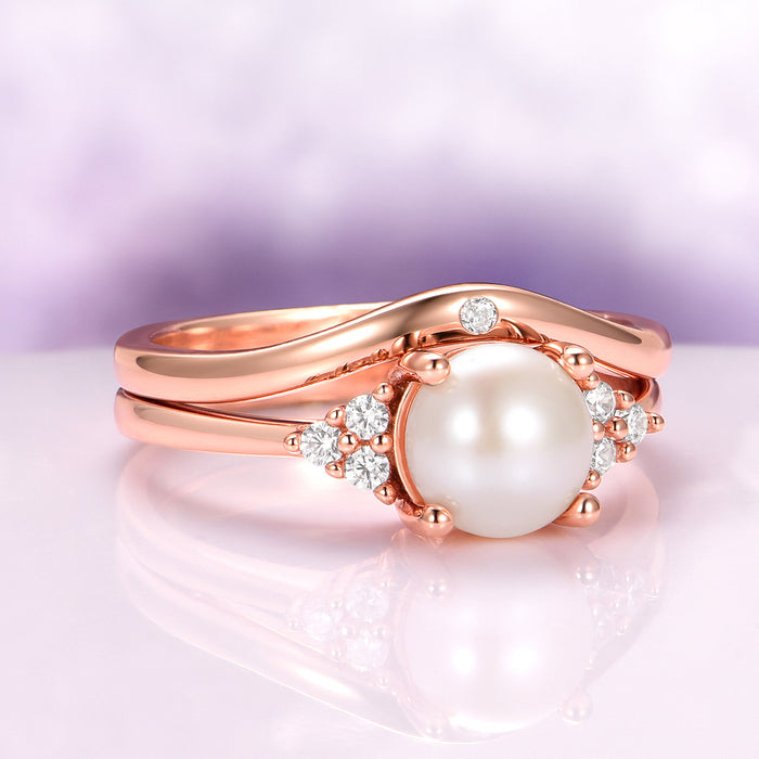 Natural Freshwater Pearl Ring Set in 14K Rose Gold Vermeil by Aquamarise featuring a luminous pearl centerpiece with sparkling accents on an elegant rose gold vermeil band.