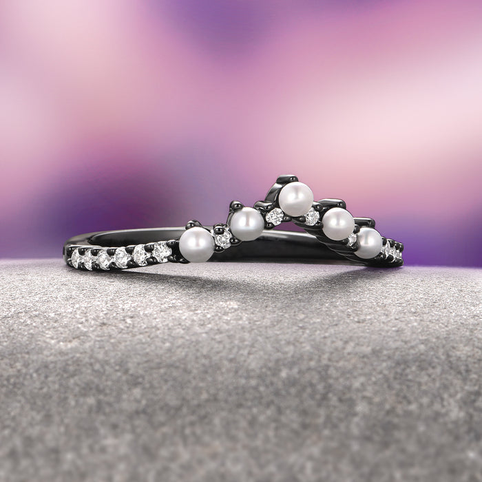 Briar Natural Red Garnet & Pearl Ring Set in Black Ruthenium featuring twisted vine design with pearls and diamonds, elegant black finish by Aquamarise for unique engagement style.