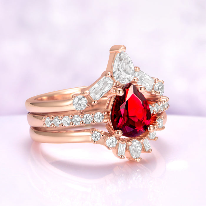 Natural Garnet 3pcs Ring Set in 14K Rose Gold Vermeil by Aquamarise, angled view showing all three stacked rose gold bands.