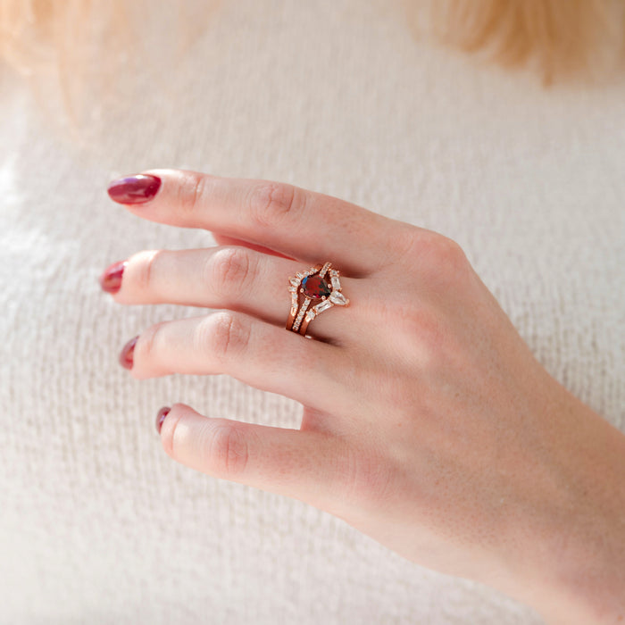 Natural Garnet 3pcs Ring Set- 14K Rose Gold Vermeil by Aquamarise, featuring a pear-shaped garnet with pavé accents on elegant rose gold vermeil bands worn on hand.