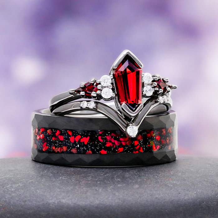 Galaxy Red Fire Opal Hammered Men's Ring in Black Tungsten Carbide (8mm) featuring crushed red fire opal and starry night blue sandstone inlay by Aquamarise from Men's Rings & Wedding Bands.