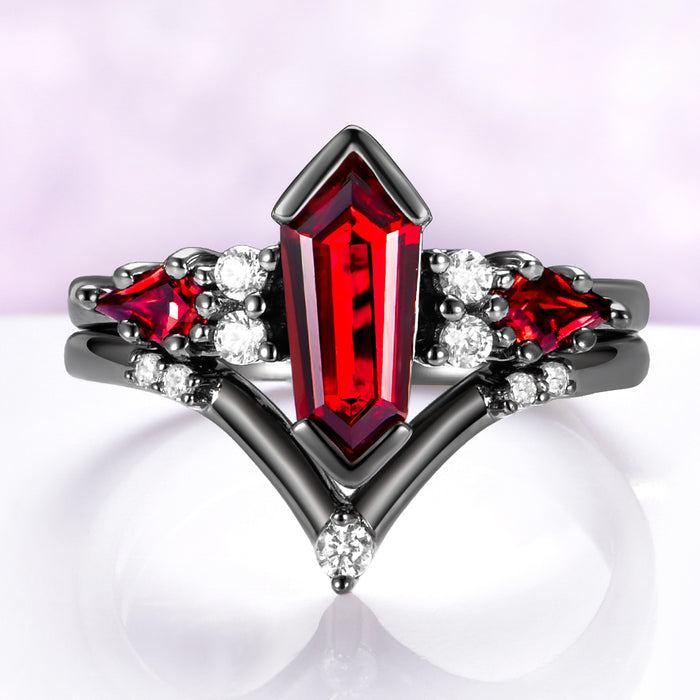 Natural Garnet & Red Fire Opal Couples Ring Set by Aquamarise featuring a black ruthenium band with geometric garnet center stones and sparkling diamond accents in a unique matching design.