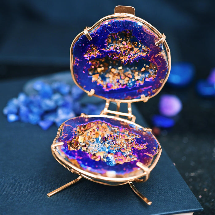 Geode Ring Box - Crystal Engagement Ring Holder for Proposal or Keepsake featuring a vibrant blue and gold natural geode with electroplated rose gold edges by Aquamarise.
