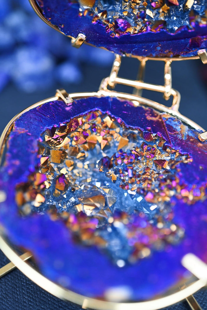 Geode Ring Box - Crystal Engagement Ring Holder for Proposal or Keepsake by Aquamarise, featuring vivid blue and gold electroplated natural crystal accents from the Ring Boxes & Keepsake Proposals collection.