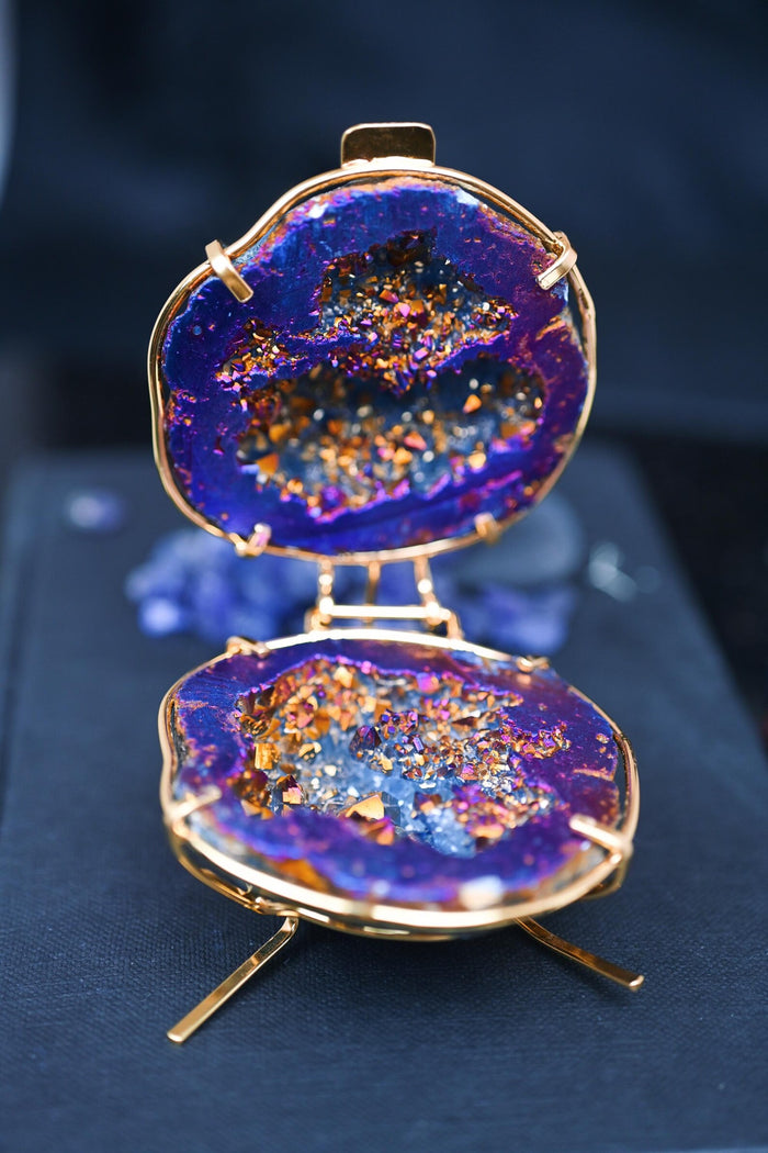 Geode Ring Box - Crystal Engagement Ring Holder for Proposal or Keepsake by Aquamarise, featuring a natural purple geode with gold electroplated edges, perfect for meaningful jewelry gifts.