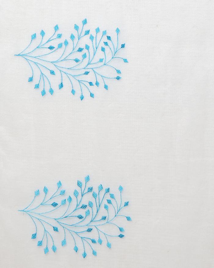 Kota Doria Embroidery White Saree with blouse Handcrafted-Indiehaat