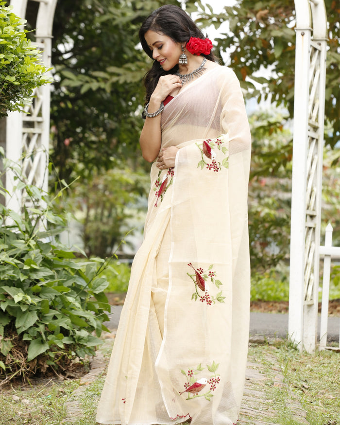 Natural Kota Doria Cotton Bird Embroidery Beige Saree Handdyed