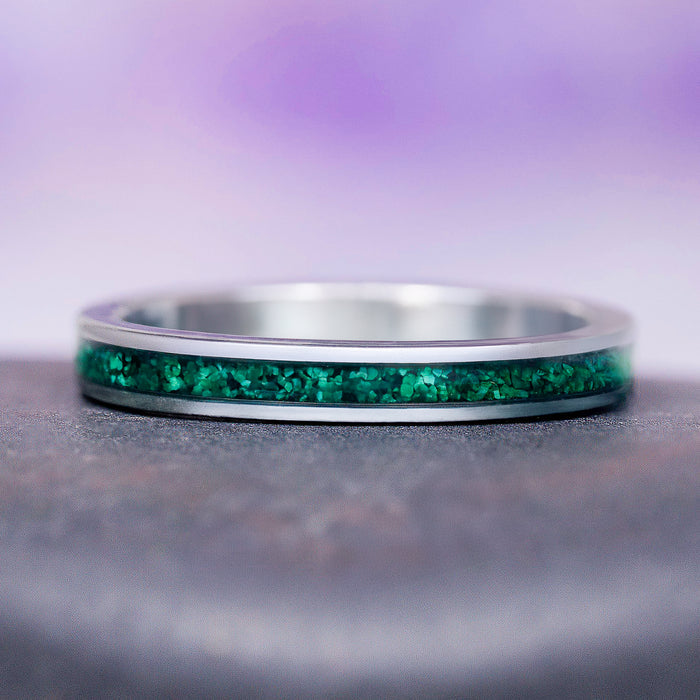 Natural Malachite Minimalist Couples Ring Set by Aquamarise, featuring a sleek silver band with a vibrant crushed green malachite inlay, part of Matching Couples' Rings, Men's Rings Silver, and New Arrivals collections.