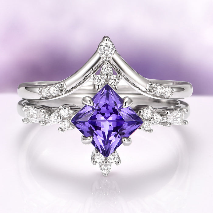 Natural Amethyst Engagement Ring Set in 14K White Gold by Aquamarise featuring a princess-cut amethyst centerpiece with sparkling diamond accents on an elegant white gold band, part of Solid Gold Engagement Rings and February Birthstone collections.