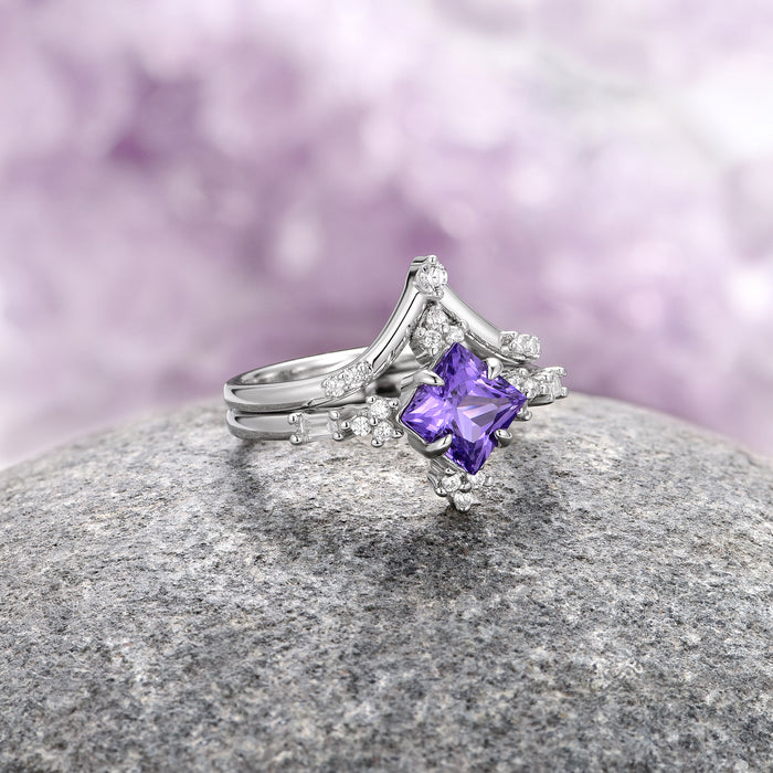 Natural Amethyst Engagement Ring Set in 14K White Gold by Aquamarise featuring a princess-cut amethyst centerpiece surrounded by delicate diamond accents on a refined white gold band, part of Solid Gold Engagement Rings and February Birthstone collections.