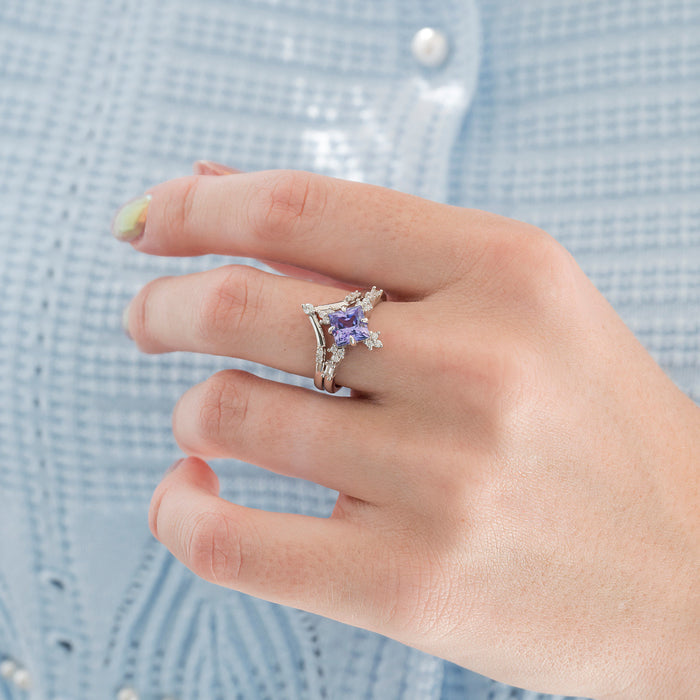 Natural Amethyst Engagement Ring Set in 14K White Gold by Aquamarise featuring a princess-cut purple amethyst centerpiece accented with delicate diamonds on an elegant white gold band, part of Solid Gold Engagement Rings and February Birthstone collections.