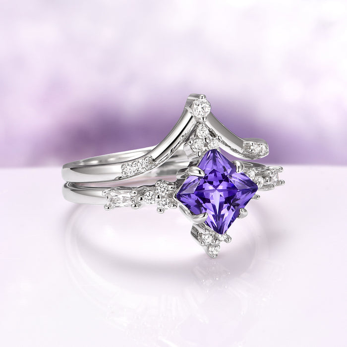 Natural Amethyst Engagement Ring Set in 14K White Gold by Aquamarise featuring a princess-cut amethyst centerpiece with delicate diamond accents on a refined white gold band, part of Solid Gold Engagement Rings and February Birthstone collections.