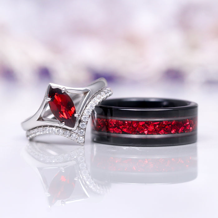 Natural Red Garnet Marquise Cut Engagement Ring Set in 14K White Gold featuring a marquise-cut red garnet centerpiece with a diamond-accented white gold band paired with a black band inlaid with red garnet fragments by Aquamarise Gold.