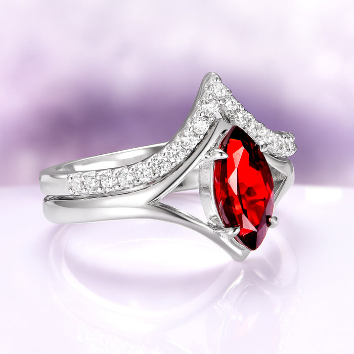 Natural Red Garnet Marquise Cut Engagement Ring Set in 14K White Gold by Aquamarise Gold, featuring a vibrant marquise-shaped red garnet centerpiece with a unique twisting band accented by sparkling diamonds, part of Solid Gold Engagement Rings and January Birthstone Jewelry collections.
