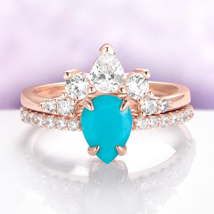 Turquoise Ring Set Rose Gold | Teardrop Vintage Engagement