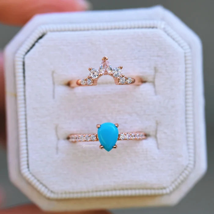 Natural Turquoise Teardrop Stacking Ring Set in 14K Rose Gold Vermeil by Aquamarise featuring a vibrant turquoise cabochon and sparkling accent stones in a rose gold setting.